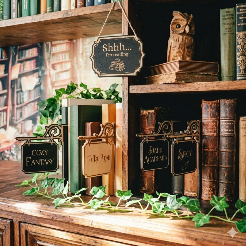 Foto eines Holz-Bücherregals mit Büchern und dekorativen Schildern. Die Schilder lesen „Shhh… I’m reading“, „COZY FANTASY“, „TO BE READ“, „DARK ACADEMIA“ und „SPICY“. Eine Eule und Efeuranke sind zu sehen.