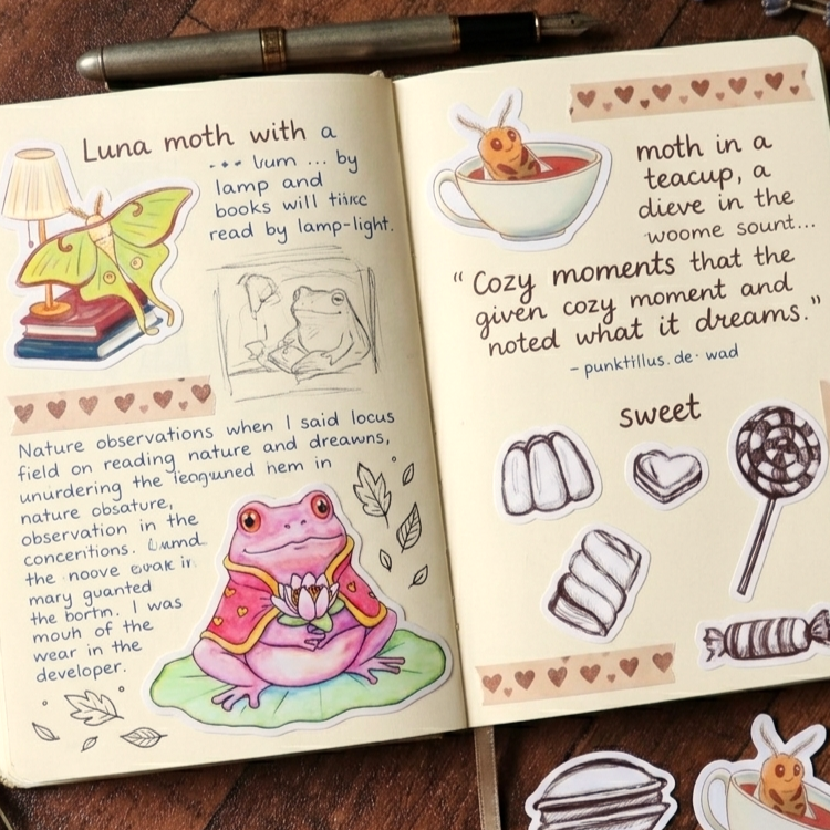 Offenes Journal mit Stickern (Frosch, Motte, Süßigkeiten) und Handschrift auf dunklem Holz. Dekoriert mit Füller, Lavendel und Münzen. Liebevoll gestaltete Buchseite im Cozy-Stil.