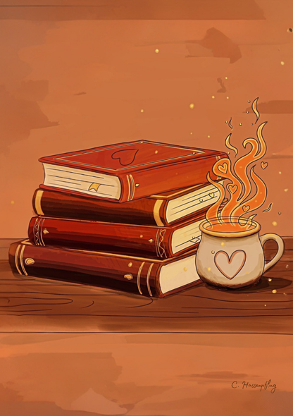 Kunstdruck Books & Spice - Illustration mit Büchern, dampfender Tasse und Herzen in warmen Farben, perfekt für Romantasy-Fans und Spicy Book Lover
