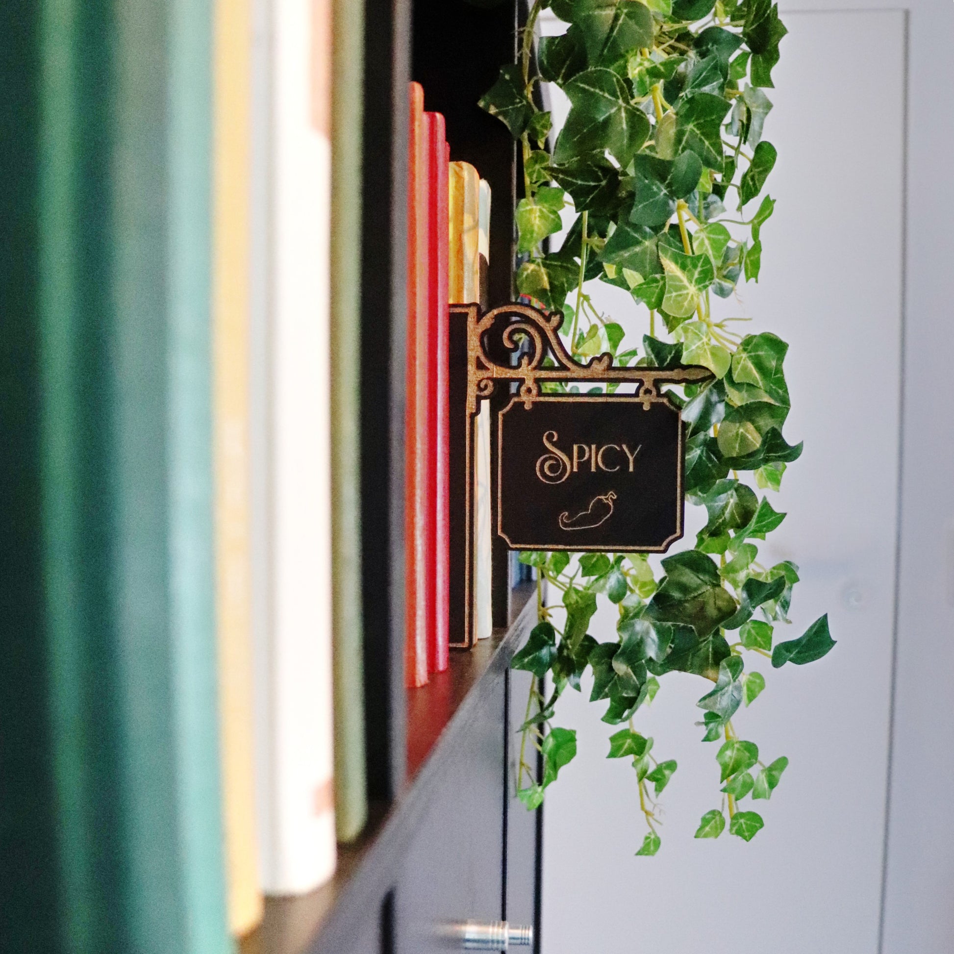 Booktrovert-Schild mit goldener Spicy Gravur in einem Bücherregal mit Efeu