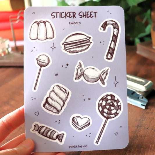 Handgemalte Süßigkeiten Sticker auf einem Bogen für Bullet Journaling.
