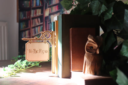 Holzschild Buchteiler zwischen Büchern mit Gravur im Lichtstreif
