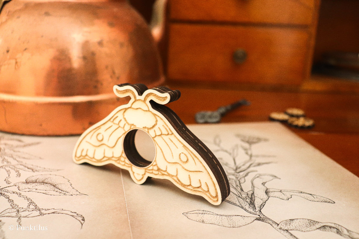 Motte Buchhalter aus Holz zwischen Buchseiten - Praktische Lesehilfe
